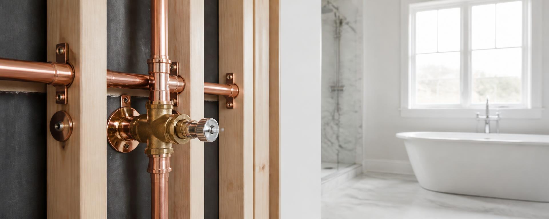 Nieuw aangelegd koperen leidingwerk met afsluiter in een lichte badkamer